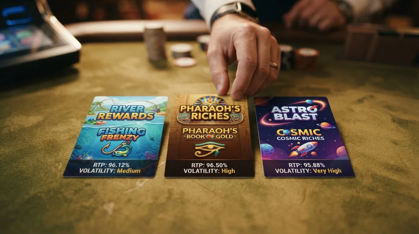 Three slot-game title cards — Big Bass Bonanza, Book of Dead, and Starburst — each showing its RTP percentage and volatility label beneath the artwork