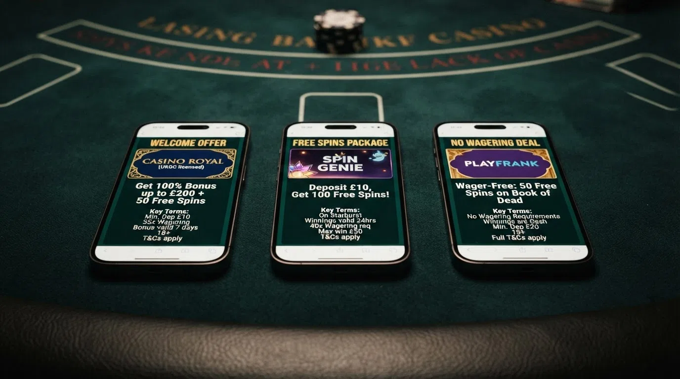 A side-by-side view of three UK casino bonus offers — a deposit-match welcome bonus, a free-spins package, and a no-wagering free-spins deal — each with its key terms (wagering, validity, cashout cap) highlighted.