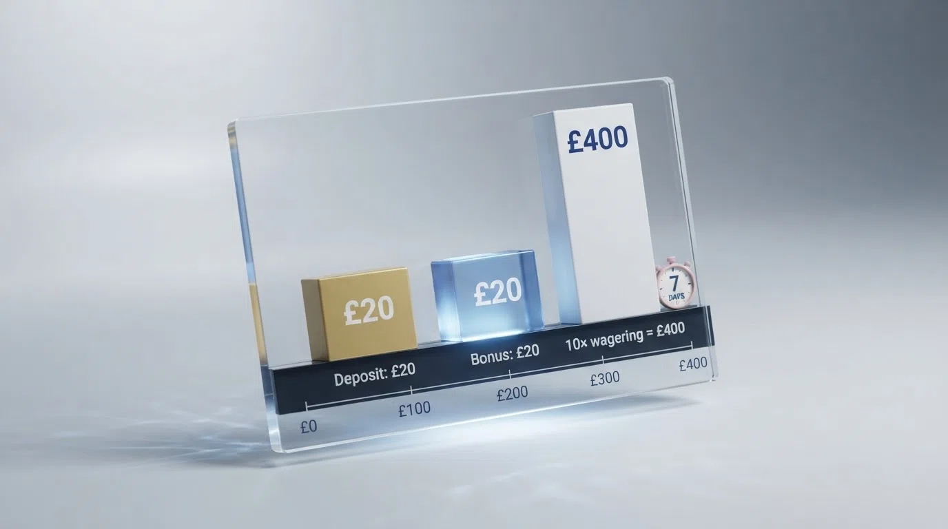 A simple visual breakdown showing a £20 deposit, a 100% match bonus, a 10x wagering label and the resulting £400 turnover figure beside a calendar icon for the validity window