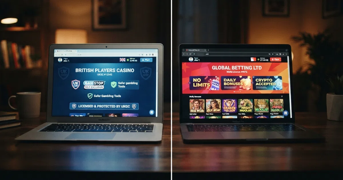 A split-screen showing a UKGC-licensed casino interface on the left with a GamStop logo overlay and shield icon, and an offshore casino interface on the right without any self-exclusion badge or protection markers