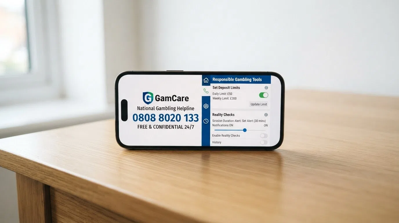 A smartphone screen showing the GamCare National Gambling Helpline number alongside a responsible-gambling tools dashboard with deposit-limit and reality-check options