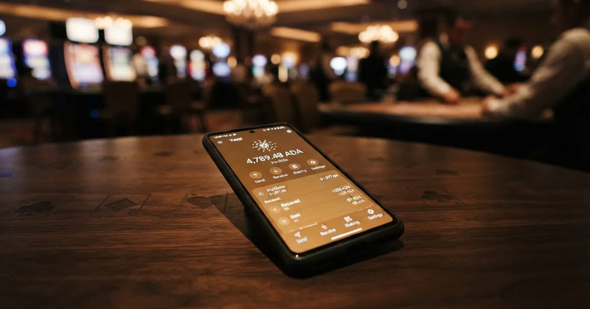 A smartphone screen displaying a cryptocurrency wallet interface with a Cardano ADA balance, set against a soft casino-themed background with playing-card motifs visible in the distance