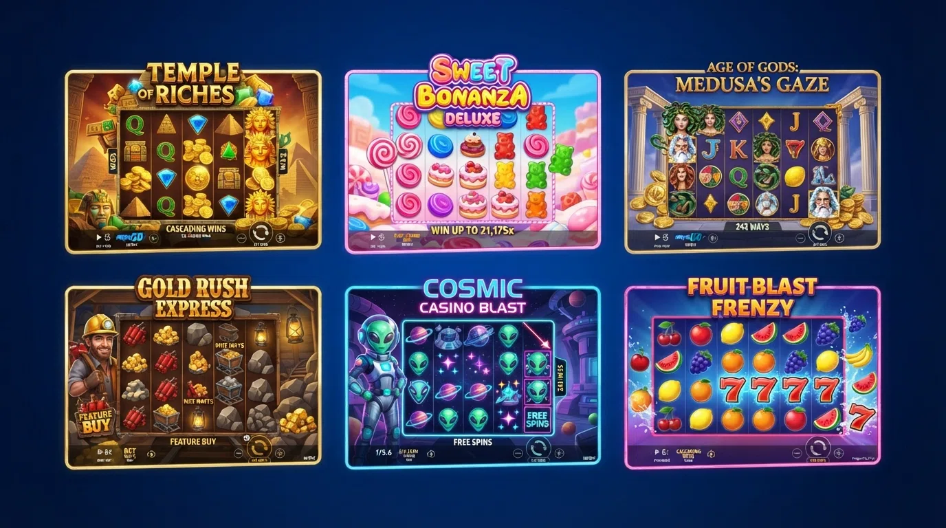 A side-by-side grid of six cascading slot title cards arranged as a comparison, each showing its distinctive visual style — Gonzo's Quest golden temple, Sweet Bonanza candy land, Gates of Olympus Greek theme, Bonanza Megaways mining theme, Reactoonz alien characters, Jammin' Jars fruit jars