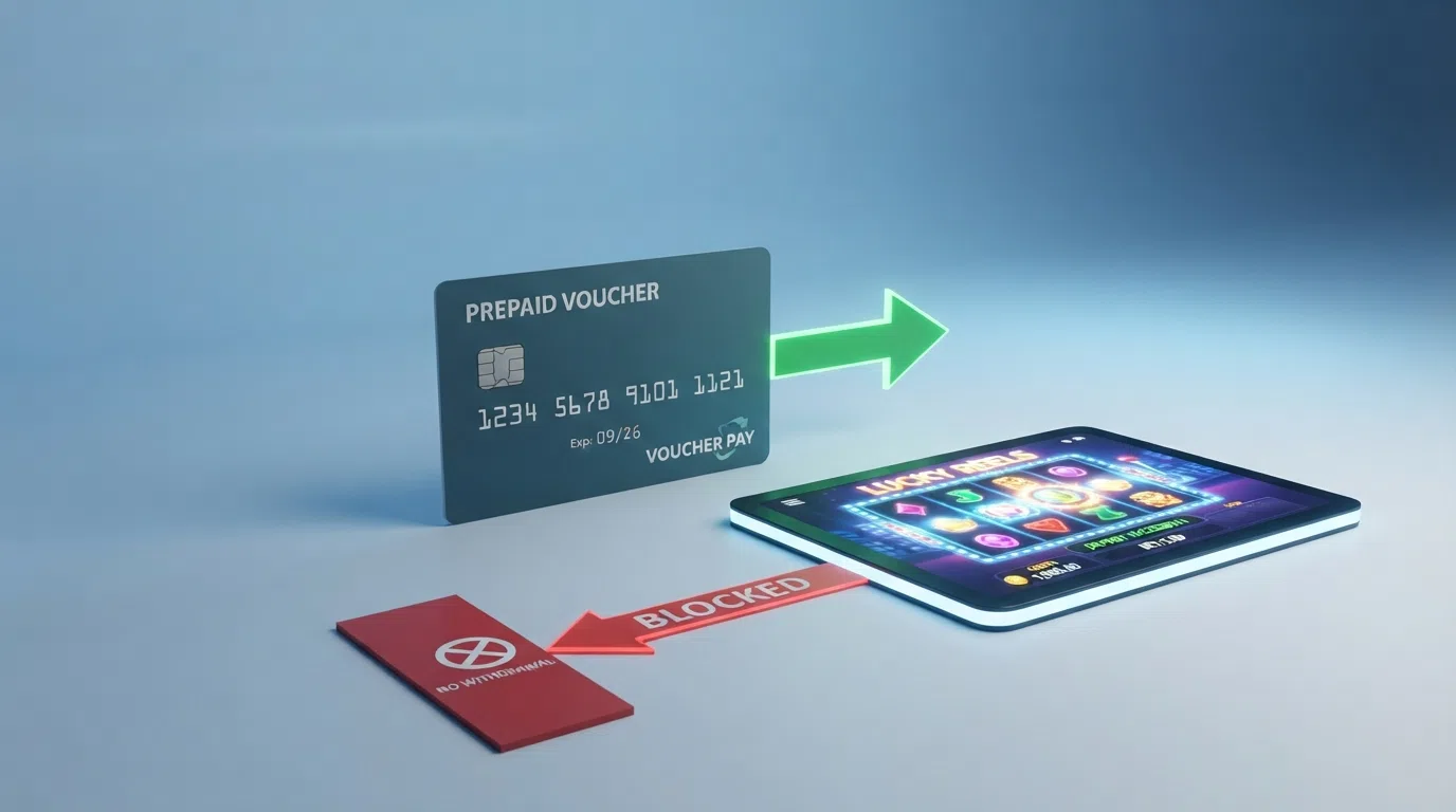 A green arrow pointing from a CashtoCode voucher into a casino screen with a blocked arrow on the way back out