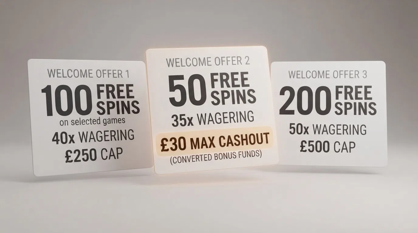 A side-by-side comparison of three UK casino welcome-offer cards showing different free-spin counts, wagering multipliers and max-cashout caps, with one card highlighted to show a £30 cap