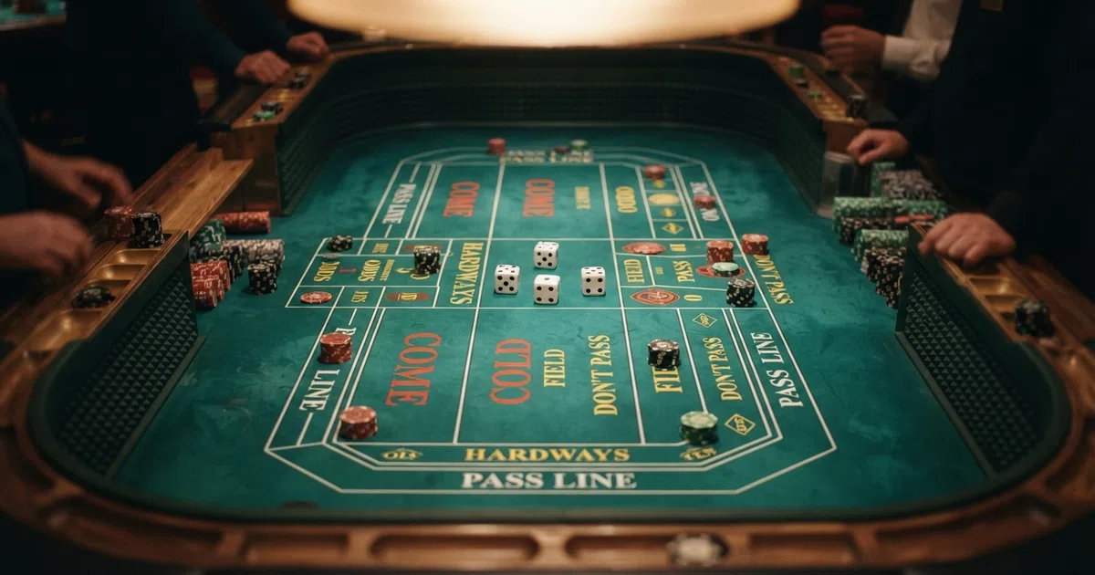 Three dice on a green baize casino table with betting layout visible, photographed from above