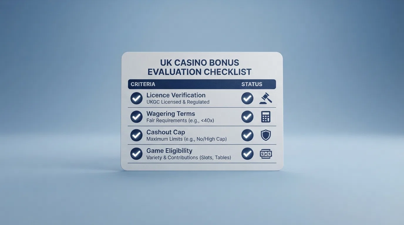 A checklist showing the evaluation criteria — licence verification, wagering terms, cashout cap, game eligibility — with the UKGC public register search page visible in the background