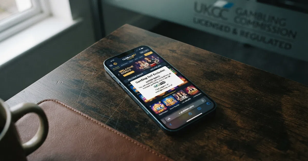 A smartphone screen displaying a casino lobby with a GamStop self-exclusion notification overlaid, set against a dark background with UK Gambling Commission branding visible
