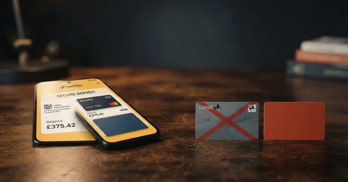 A split-composition image: a UK-licensed casino interface on one side with a debit card and padlock icon, and a greyed-out credit card crossed out in the centre, with the Gambling Commission logo visible