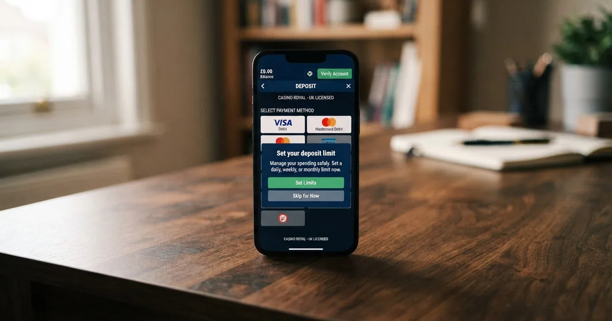 A UK-licensed online casino cashier screen showing Visa Debit and Mastercard Debit as deposit options, with a responsible-gambling deposit-limit prompt visible