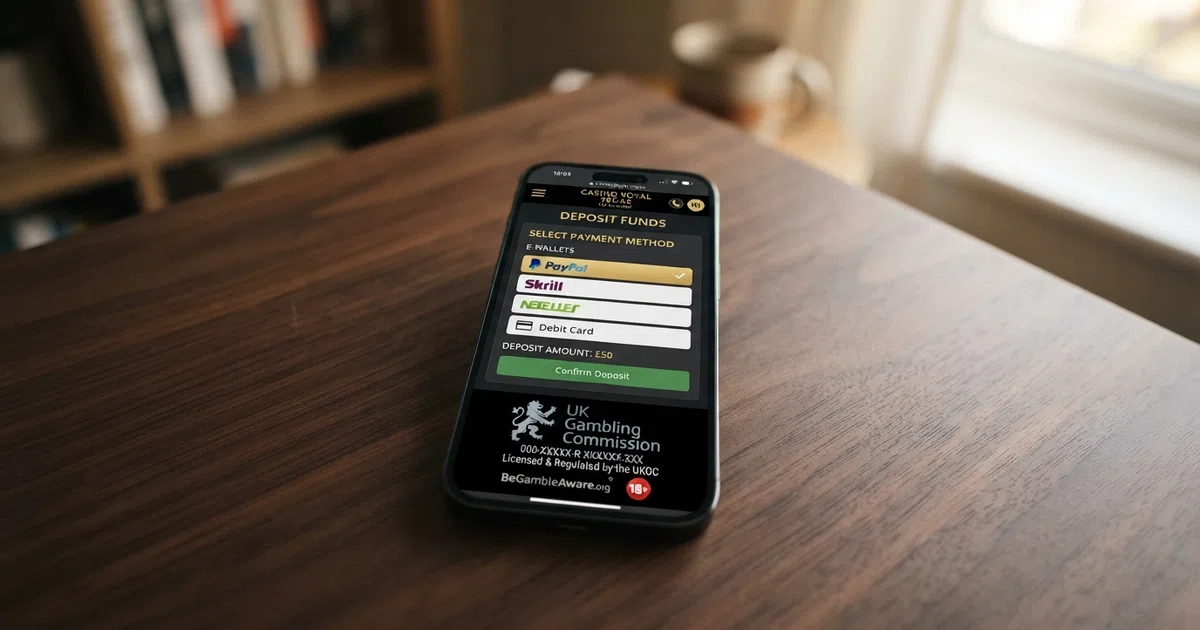 A smartphone showing a casino banking page with Skrill selected as the deposit method, a UKGC licence badge visible in the site footer