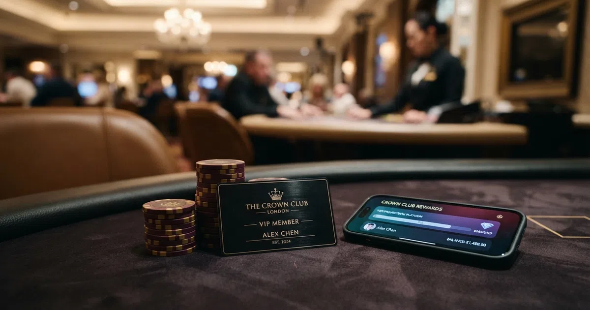 A polished black VIP membership card resting beside a stack of premium casino chips and a smartphone displaying a casino loyalty dashboard on dark felt.