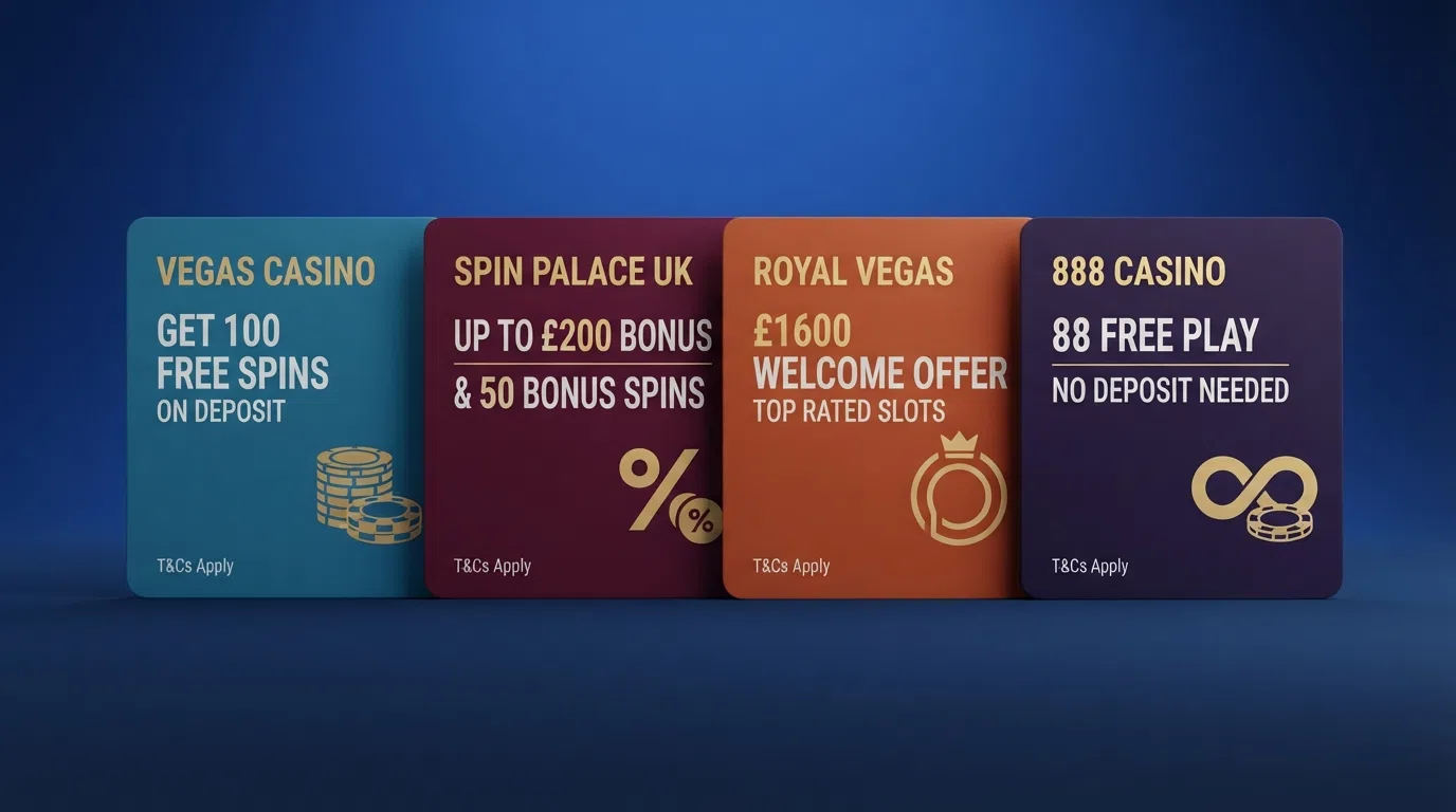 A side-by-side layout of casino welcome-offer cards showing free-spin counts, deposit-match percentages, and wagering figures, arranged as a visual comparison