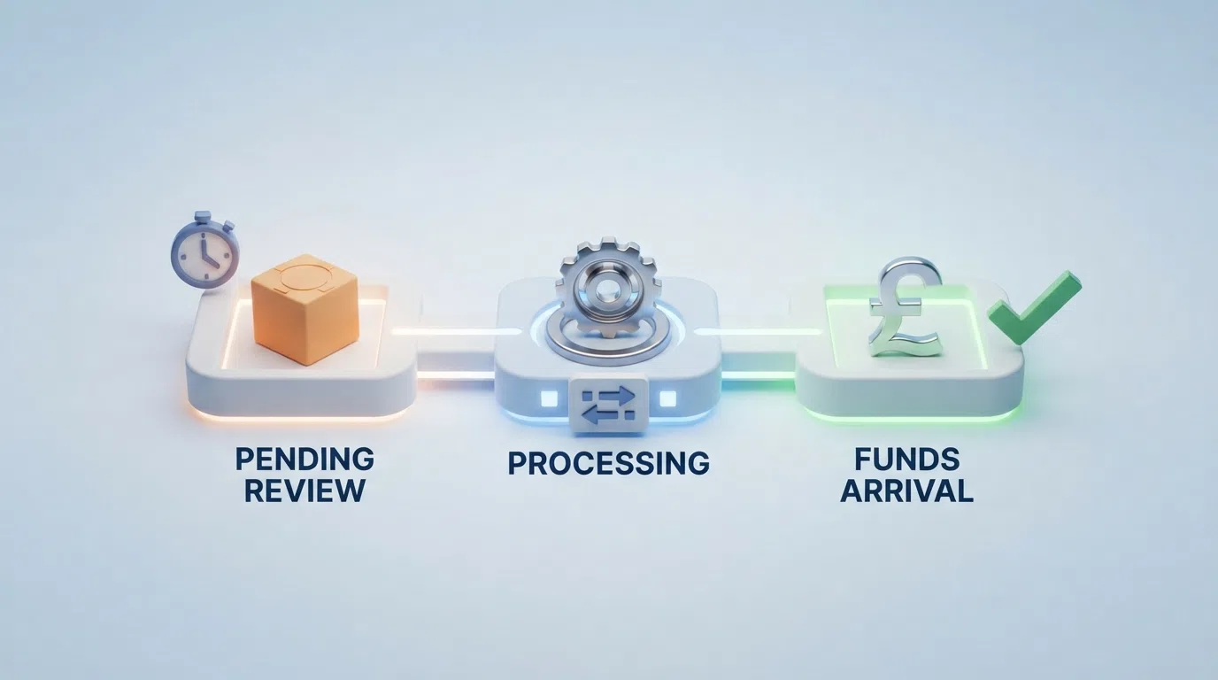 A diagram showing the three stages of a casino cashout — pending review, processing, and funds arrival — with a clock icon next to each stage