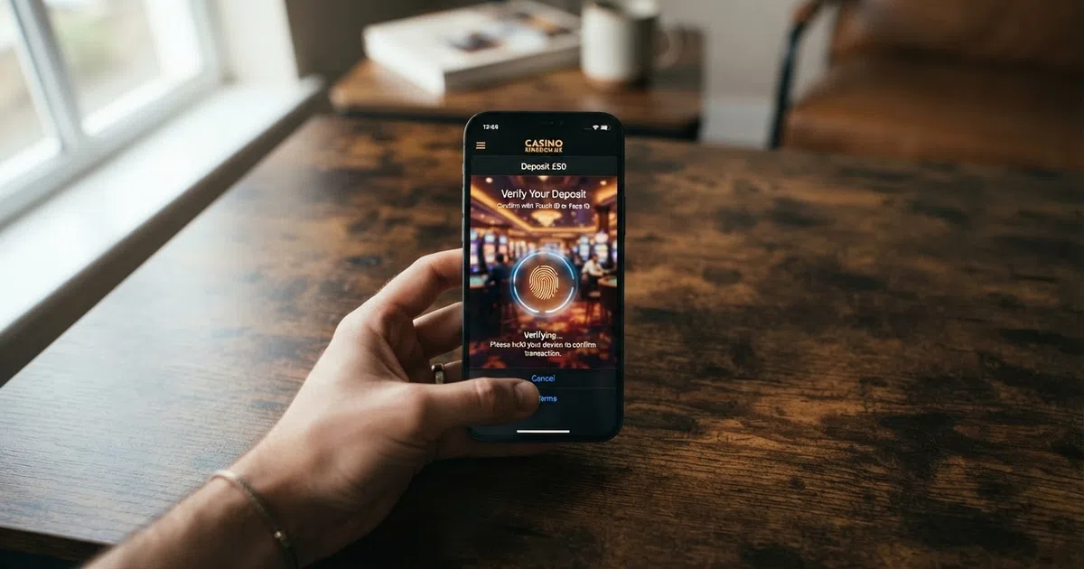 iPhone displaying the Apple Pay casino deposit screen with Face ID authentication prompt and a casino lobby visible in the background