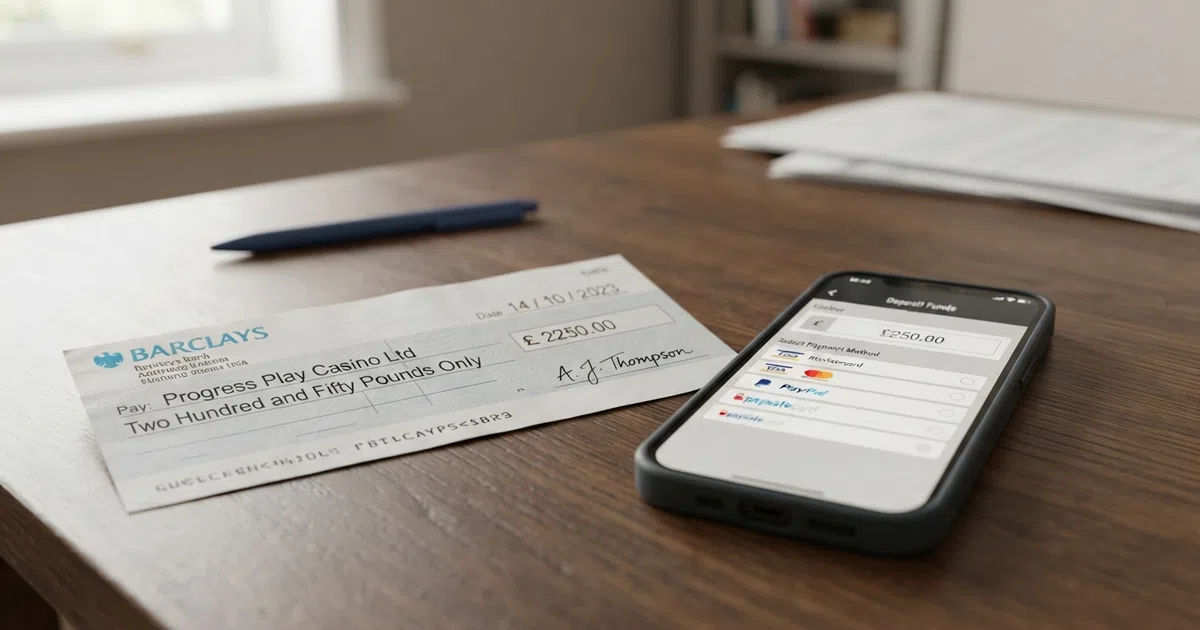A British bank cheque lying on a desk beside a smartphone showing an online casino cashier screen, with the cheque payee line and the phone's deposit-options menu both visible.