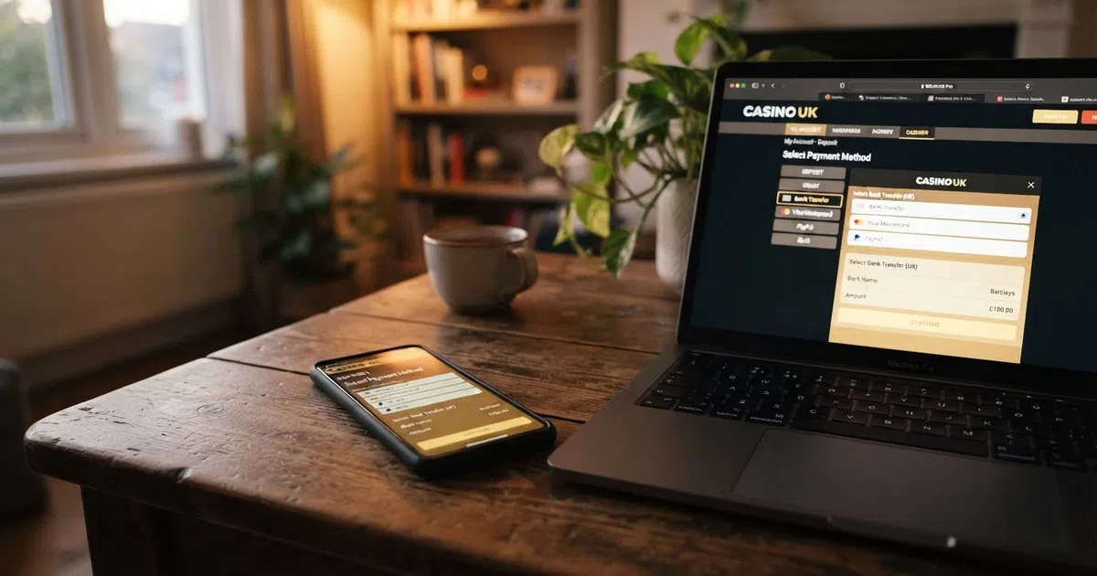 A UK online casino cashier screen showing Bank Transfer selected as the deposit method, with a smartphone beside it displaying a banking app open to the payment confirmation screen