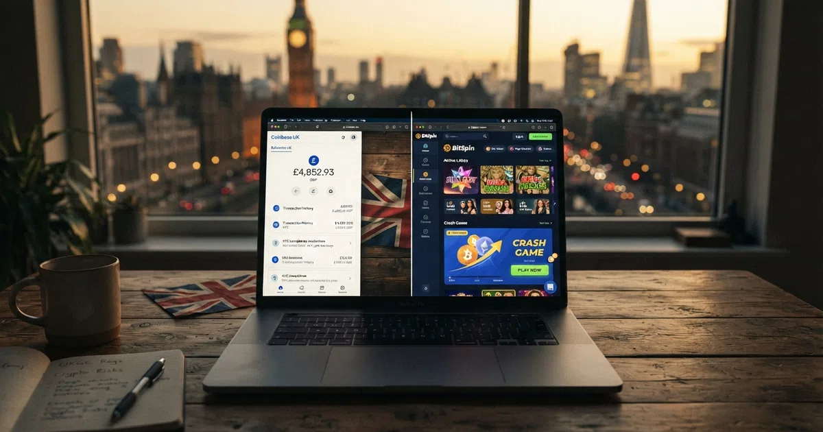 A desktop screen showing a cryptocurrency wallet interface on one side and a casino lobby with slot thumbnails on the other, with a Union Jack flag element separating the two halves