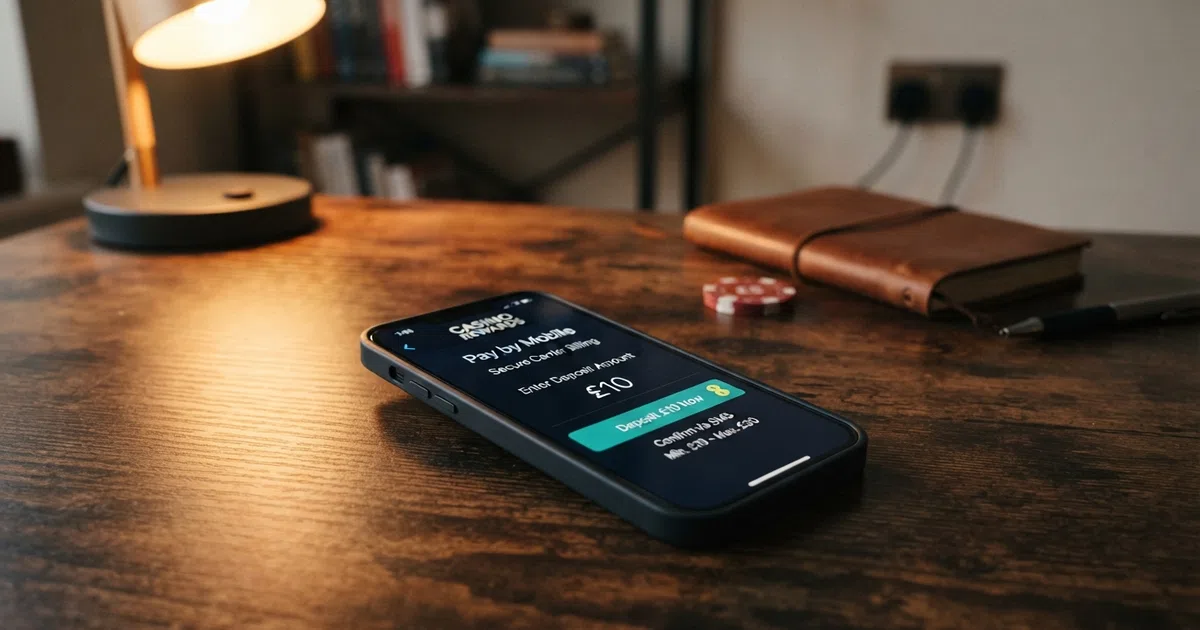 A UK smartphone displaying a casino deposit screen with the Boku logo and a “Pay by Mobile” button, with a credit-card-style illustration of the carrier-billing flow in the background