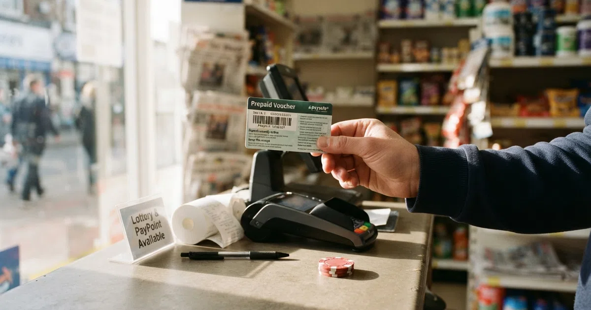 A CashtoCode voucher with its barcode held up beside a PayPoint shop counter