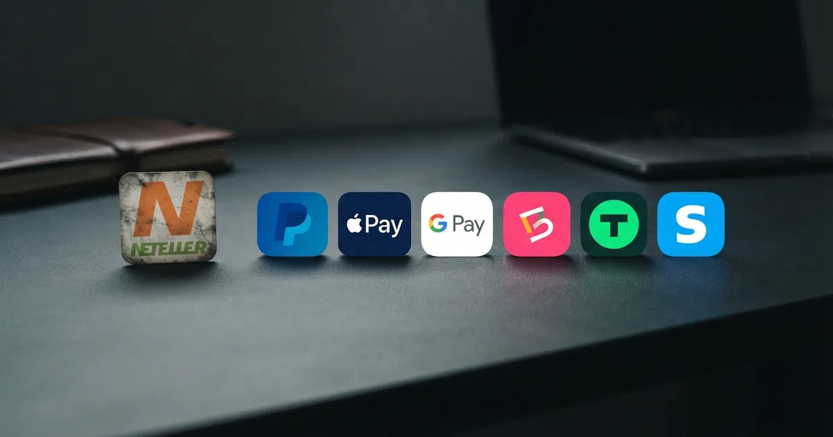 A faded, inactive Click2Pay logo beside a row of modern e-wallet logos — Skrill, Neteller, PayPal and Trustly — against a dark background, illustrating the transition from a defunct payment method to the services UK players actually use