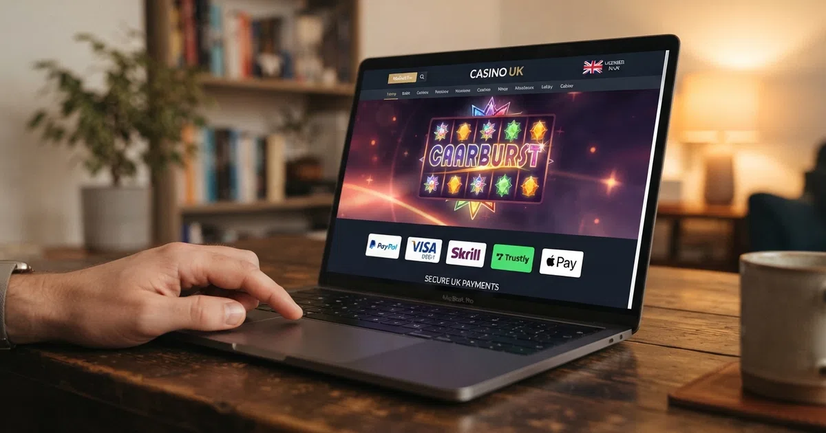 A laptop screen displaying a UK online casino lobby with payment-method logos — PayPal, Visa Debit, Skrill, Trustly and Apple Pay — arranged across the bottom of the screen, with a slot game visible in the background and a Union Jack flag icon in the site header indicating UK licensing