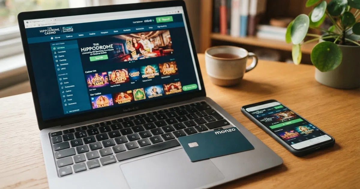 A UK debit card resting on a laptop keyboard beside a smartphone showing an online casino homepage with a prominent “Deposit” button
