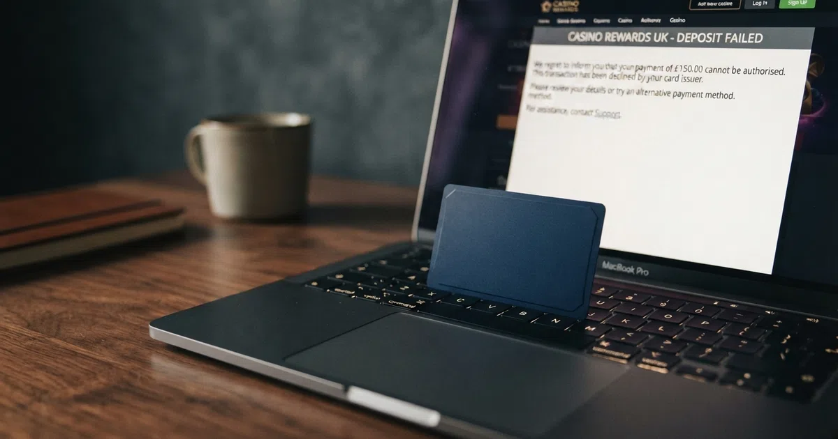 A Diners Club charge card resting on a laptop keyboard beside a UK online casino registration screen showing a declined-payment notice