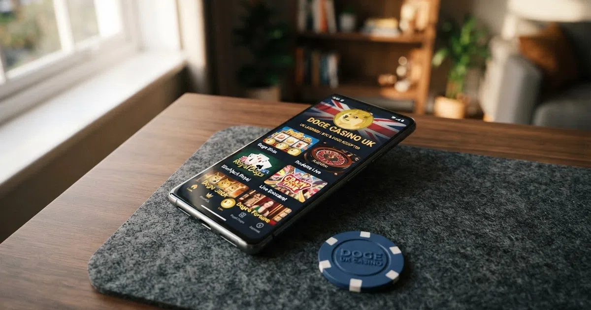 A smartphone screen showing a Dogecoin logo beside online casino slot and table-game icons, with a UK flag motif in the corner