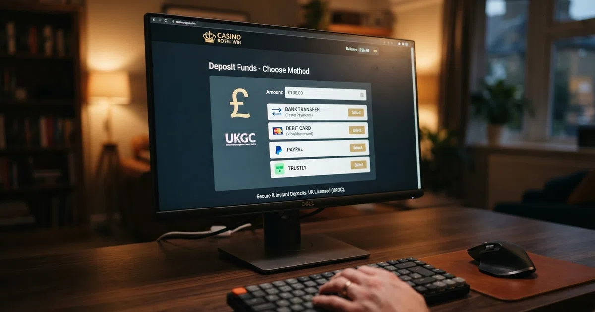 A UK online casino cashier screen showing bank transfer and eCheck deposit options alongside debit card and e-wallet choices, with a British pound symbol visible on the deposit-amount field.