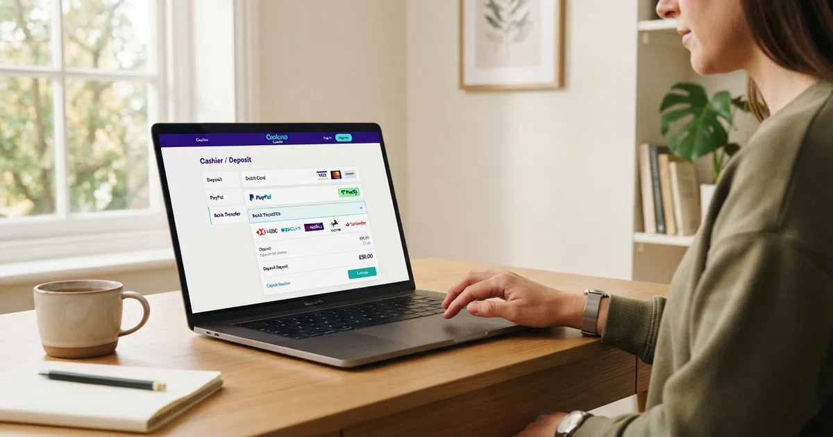 A casino cashier screen listing deposit options including bank transfer and Open Banking