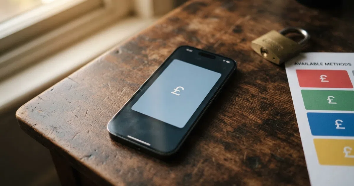 a faded, out-of-date virtual card on a phone screen beside a padlock and a list of modern payment logos