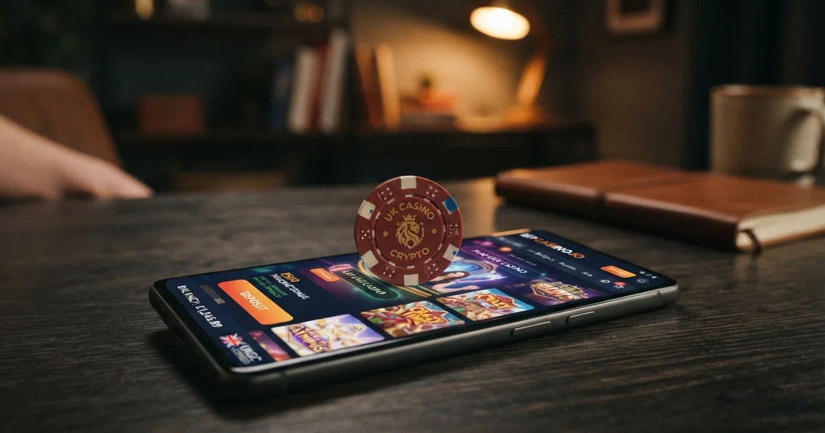 A close-up of an Ethereum coin resting on a smartphone screen displaying a casino lobby with slot thumbnails and a ETH deposit button