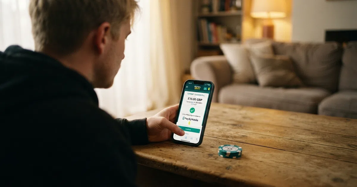 A UK player holding a smartphone displaying the Google Pay logo beside a casino cashier screen showing a confirmed deposit