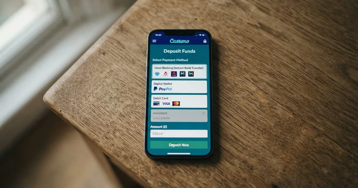 A UK casino banking page on a smartphone screen showing Trustly, PayPal and debit card as deposit options, with the Instadebit logo greyed out or marked unavailable