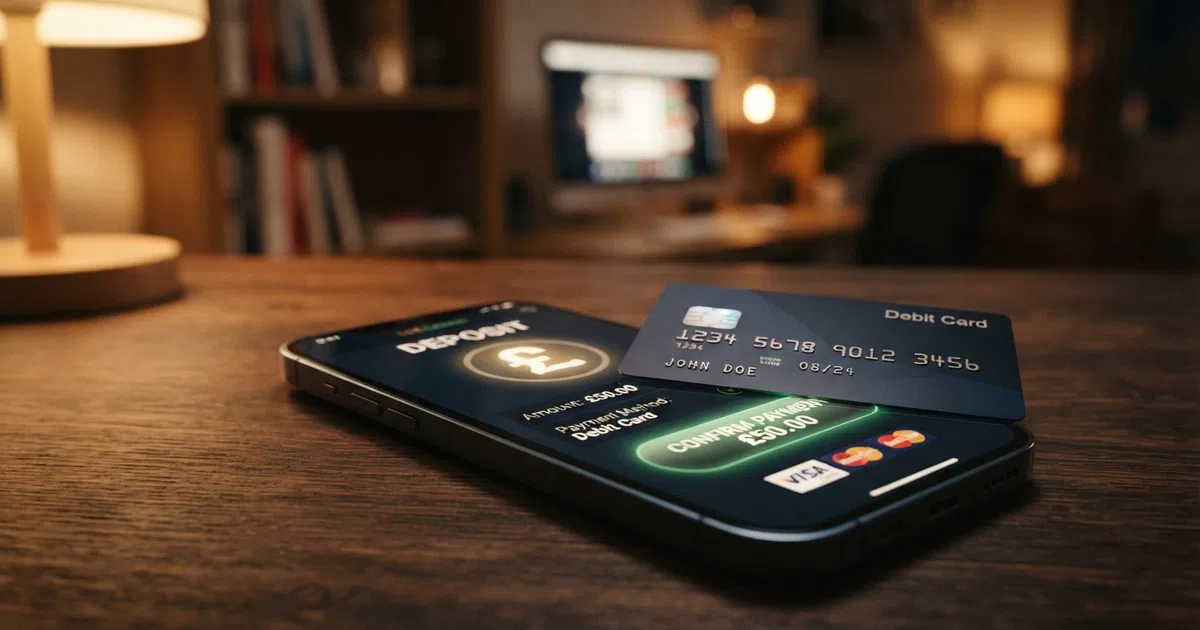 A Maestro-branded debit card resting on a phone showing a casino deposit screen
