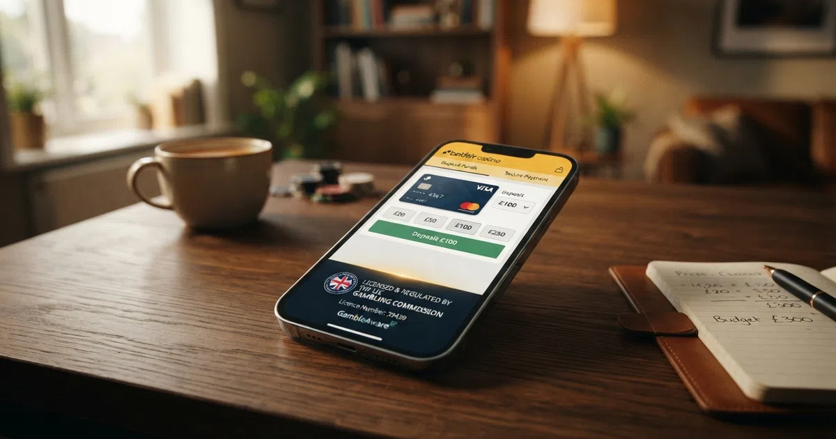 A UK online casino payment screen showing a Mastercard debit card beside a deposit-amount selector on a smartphone, with the UKGC licence badge visible in the footer.