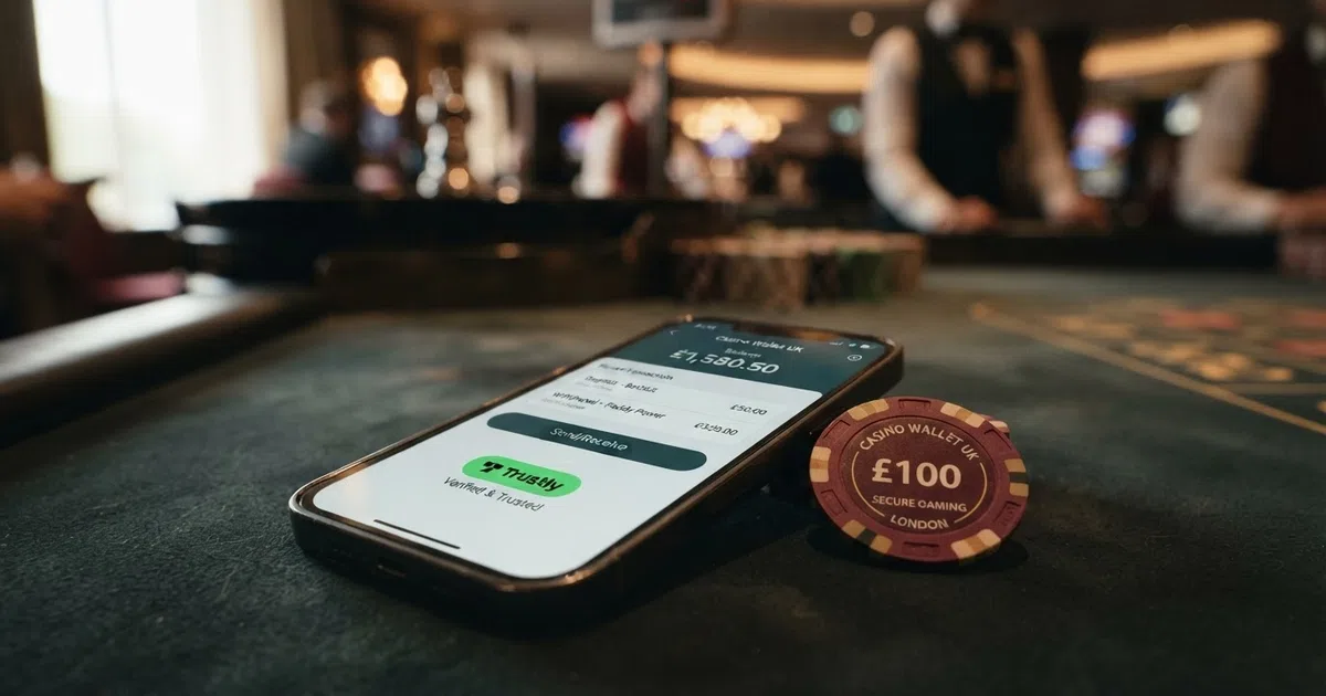 MiFinity e-wallet logo on a smartphone screen beside casino chips on a dark green baize surface