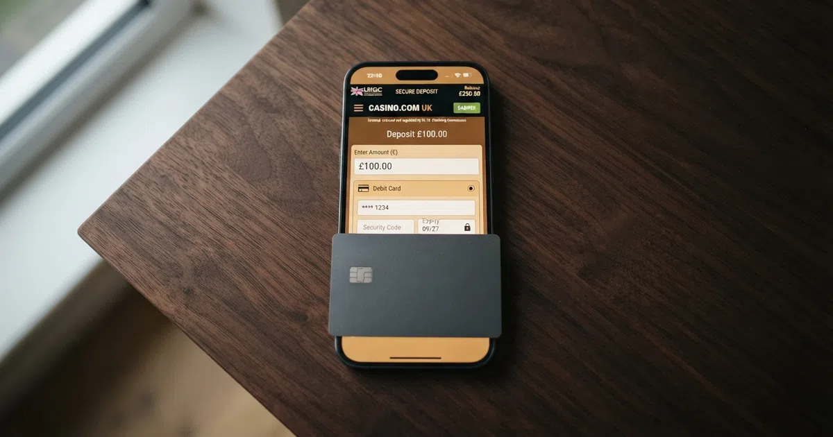 A Monzo debit card resting on a smartphone that displays a UK-licensed online casino cashier screen with a deposit amount entered