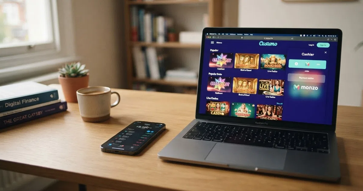MuchBetter e-wallet app open on a smartphone showing a balance screen next to a UK online casino lobby on a laptop