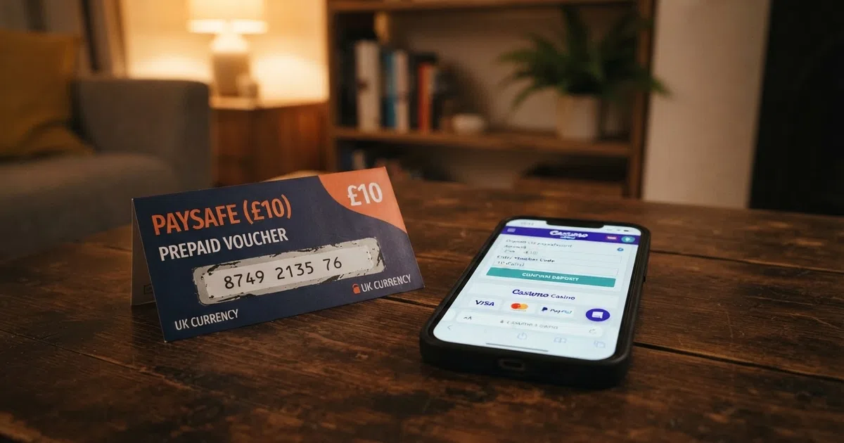 A Neosurf prepaid voucher with its 10-digit PIN visible beside a smartphone showing a UK online casino cashier page with the Neosurf logo among the deposit options