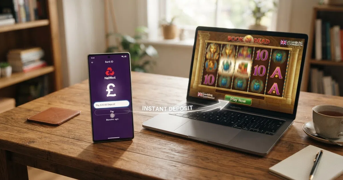 A smartphone showing a bank login screen next to a casino slot game, with a deposit arrow between them