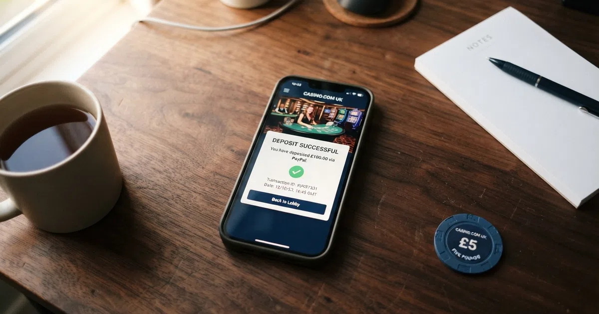 A smartphone screen showing a PayPal deposit confirmation page on a UK online casino cashier, with the casino lobby visible in the background