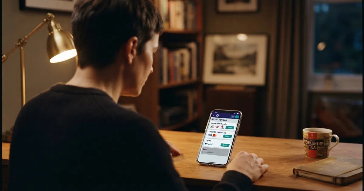 A UK casino player looking at a screen showing a deposit-method menu with Trustly, debit card and e-wallet options — POLi is visibly absent