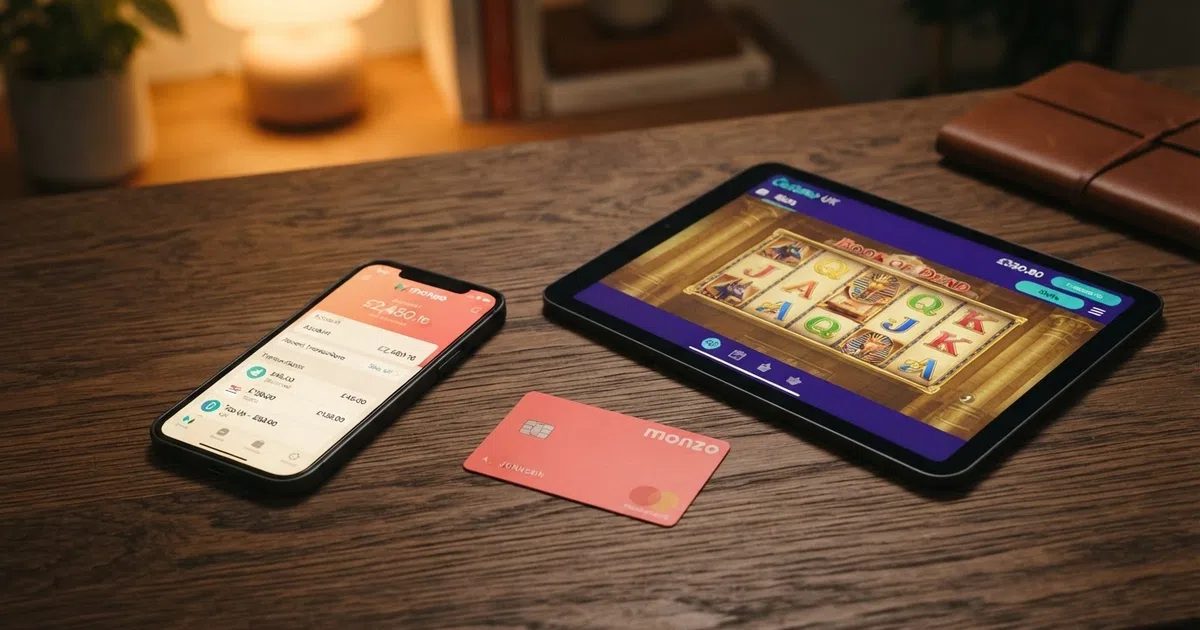 A smartphone displaying the Revolut banking app beside a UK online casino lobby screen, with a Visa debit card between them