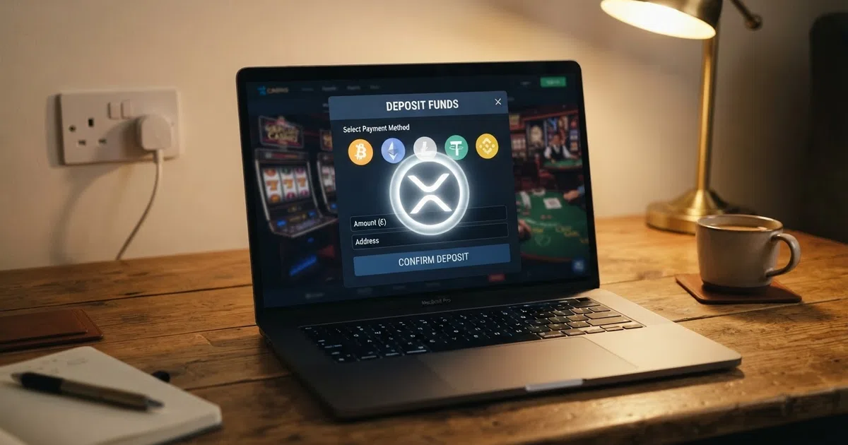 A laptop screen showing an online casino lobby with a cryptocurrency deposit panel open, an XRP logo visible among the accepted-coin icons, and a UK power socket in the background