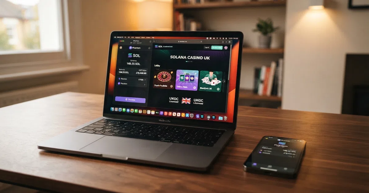 A laptop screen displaying a cryptocurrency wallet interface alongside a casino game lobby, with the Solana logo visible on the wallet