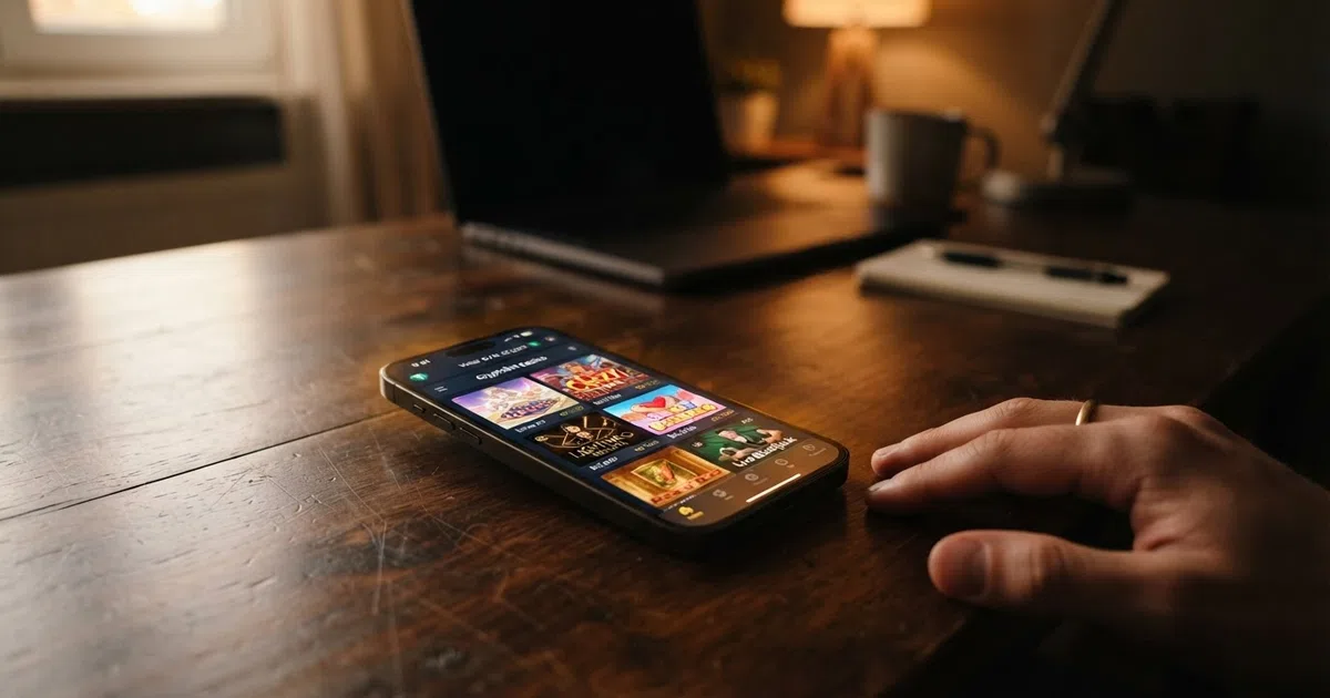 A smartphone screen showing a USDT wallet balance beside an online casino lobby with slots and live-dealer thumbnails visible