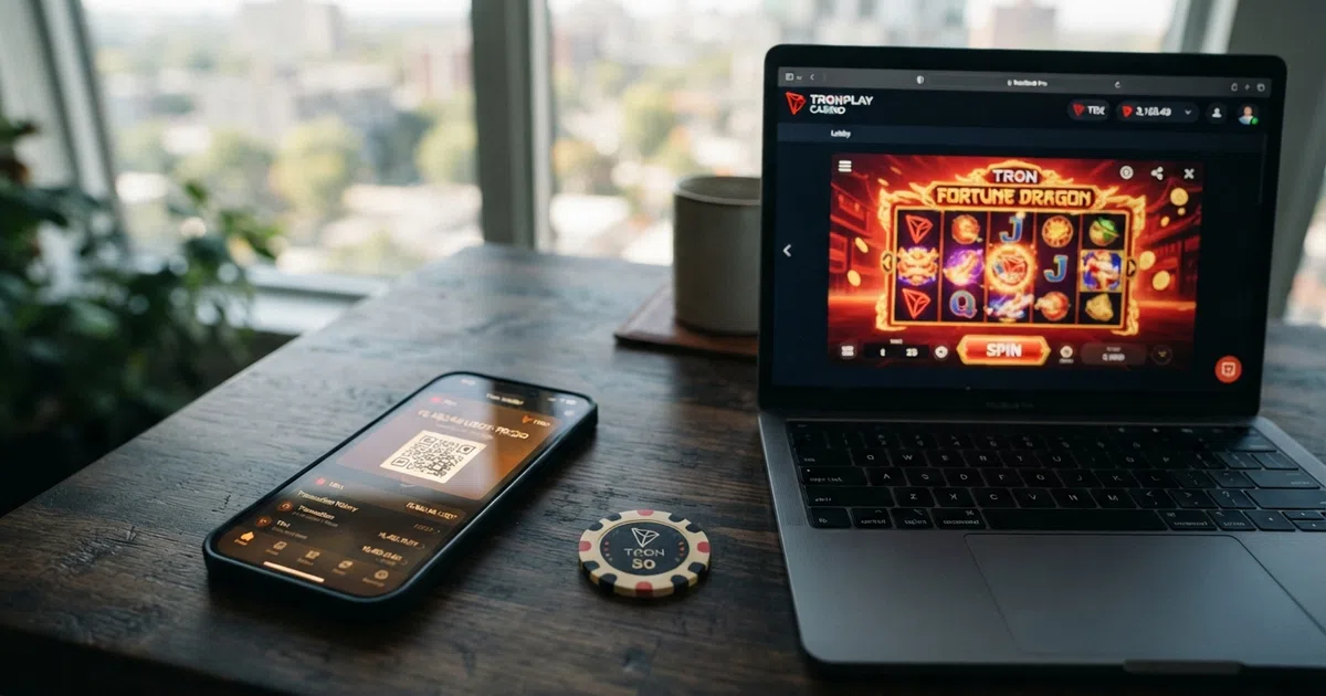 A smartphone displaying a TRON cryptocurrency wallet balance alongside an online casino game lobby on a laptop screen