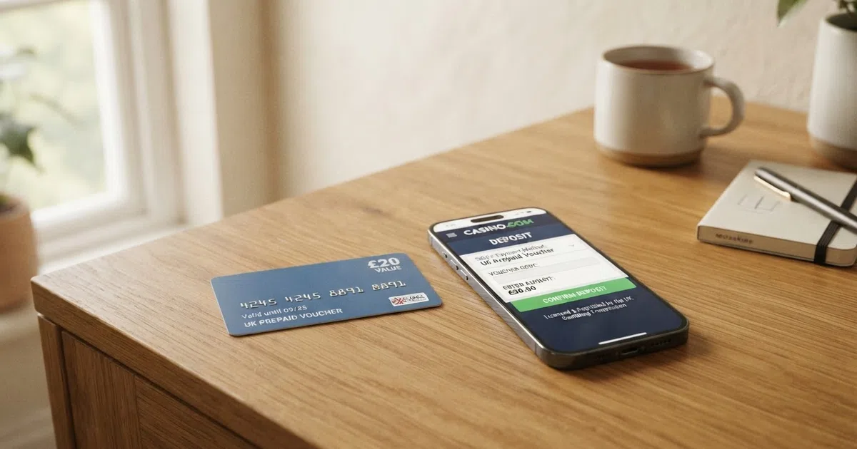 A paysafecard voucher and a smartphone displaying a UK-licensed online casino lobby with the cashier page open
